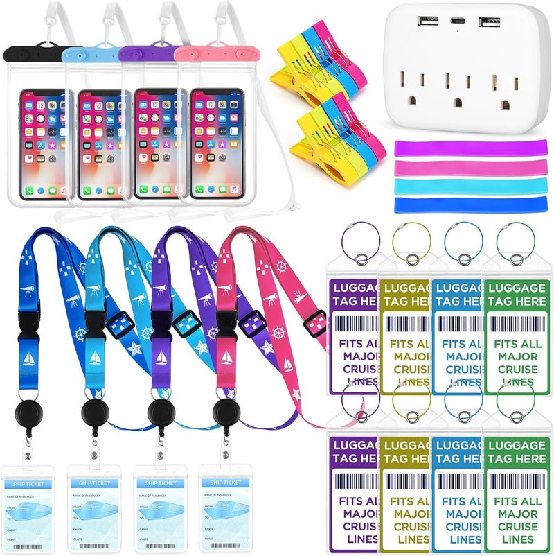 FACULX Cruise Essentials Kit Must Haves Set Include Cruise Luggage Tags Holder, Cruise Lanyards, Cruise Power Strip, Towel Bands and Clips, Waterproof Phone Bags for All Cruise Lines - Image 1